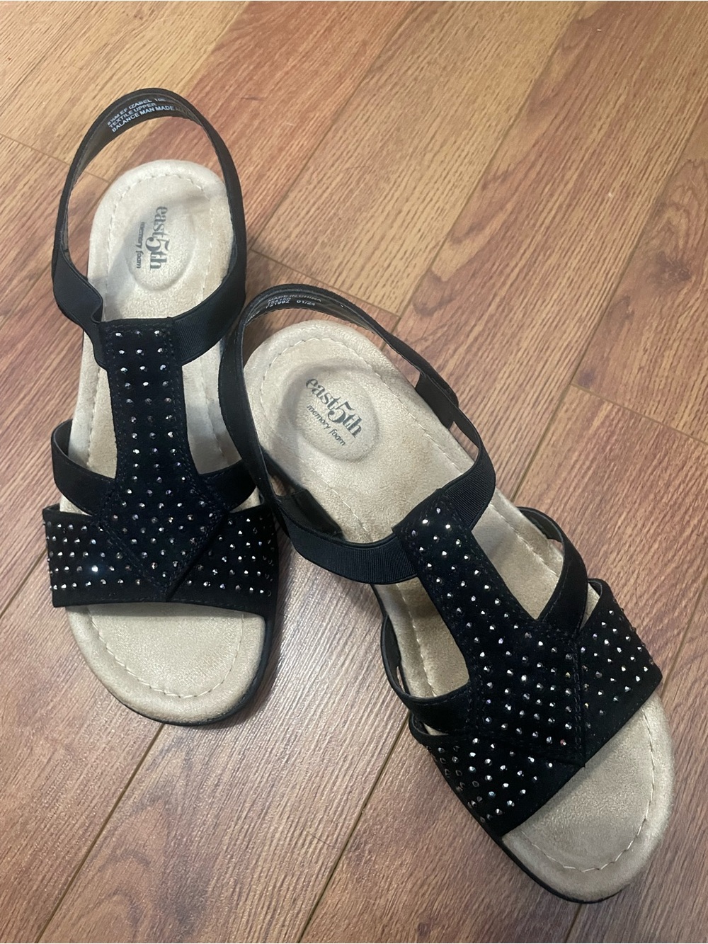 East 5th Black Studded T-Strap Slingback Sandals. Like New